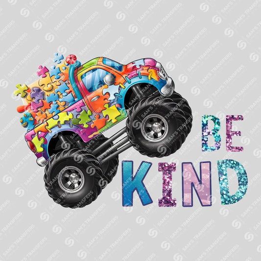 Apparel featuring a Be Kind Monster Truck-themed DTF transfer.