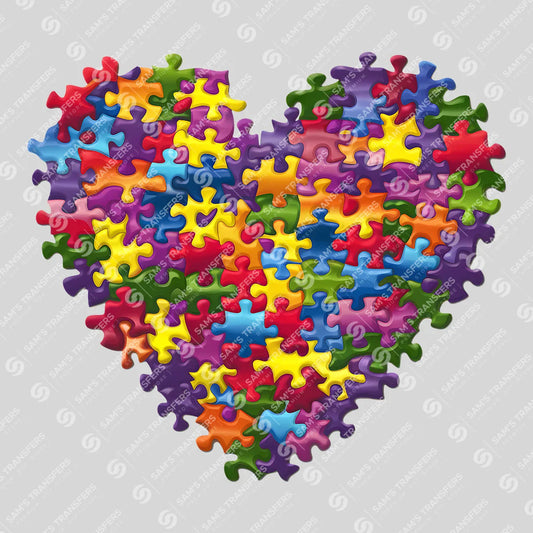 Apparel featuring a Autism Puzzle Heart Rainbow-themed DTF transfer.