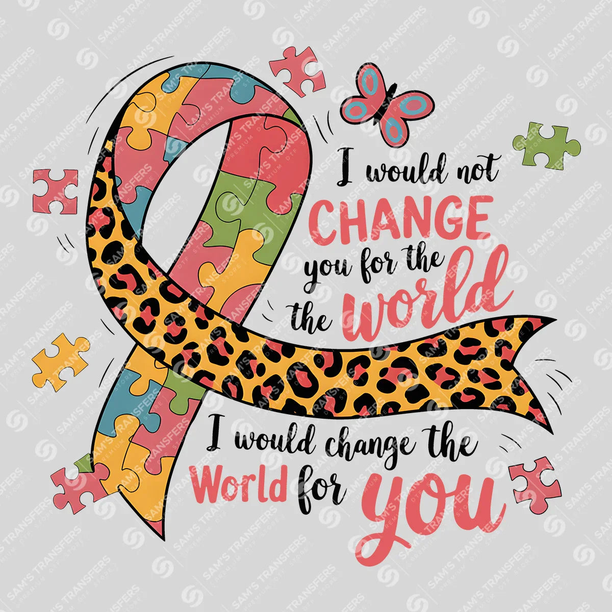 Apparel featuring a Change The World For You Leopard-themed DTF transfer.