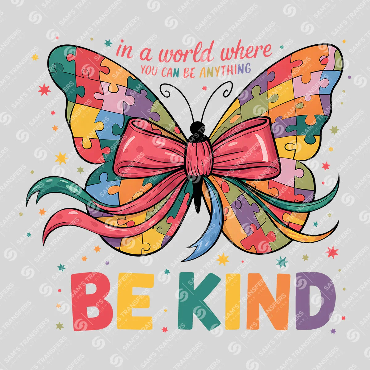Apparel featuring a In A World Be Kind Butterfly-themed DTF transfer.
