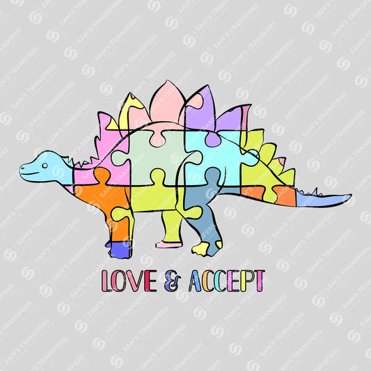 Apparel featuring a Love And Accept Dino-themed DTF transfer.