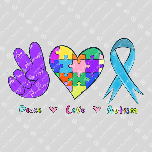 Apparel featuring a Peace Love Autism-themed DTF transfer.