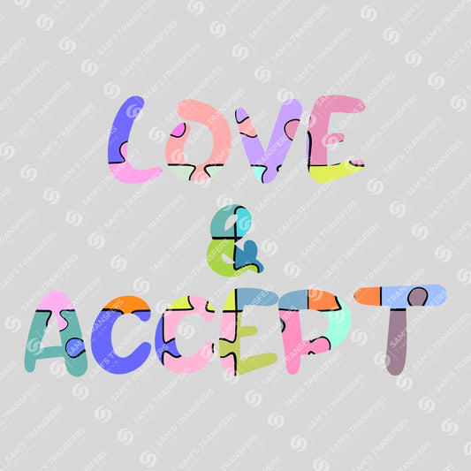 Apparel featuring a Love And Accept Puzzle-themed DTF transfer.