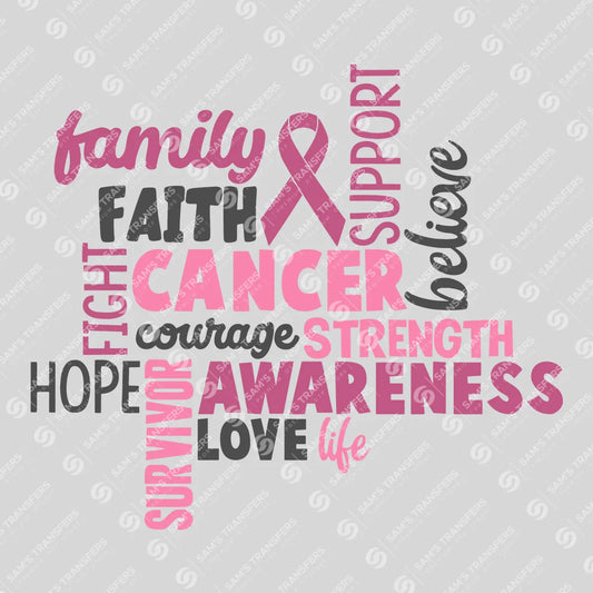 Apparel featuring a Breast Cancer Word Collage-themed DTF transfer.