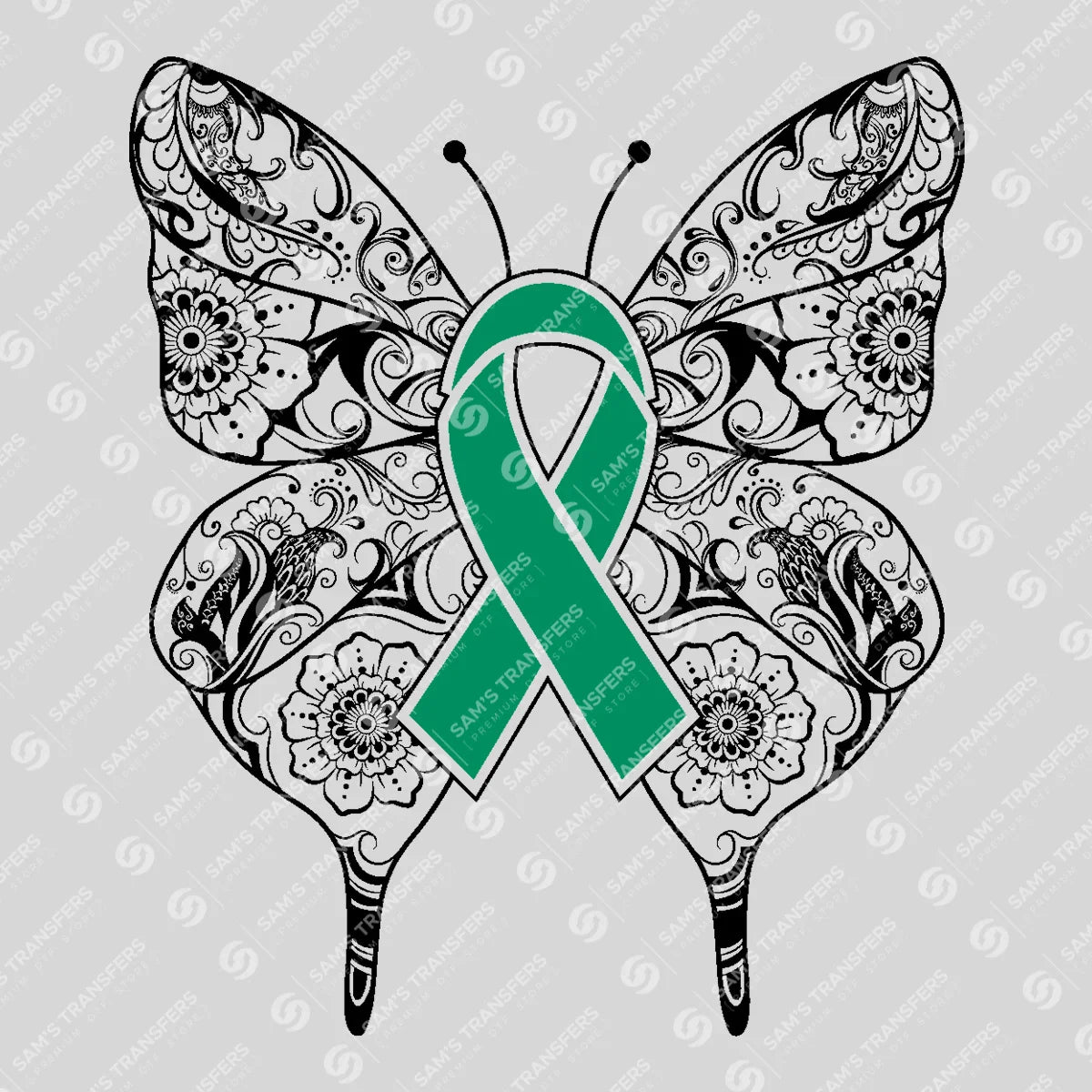 Apparel featuring a Mandala Butterfly Green Ribbon-themed DTF transfer.