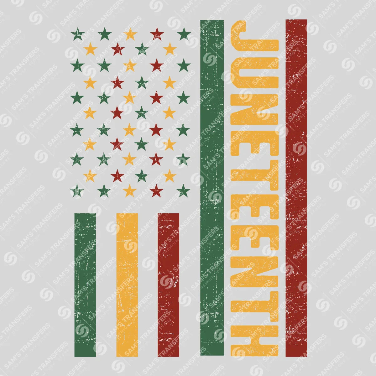 Apparel featuring a Juneteenth Flag-themed DTF transfer.