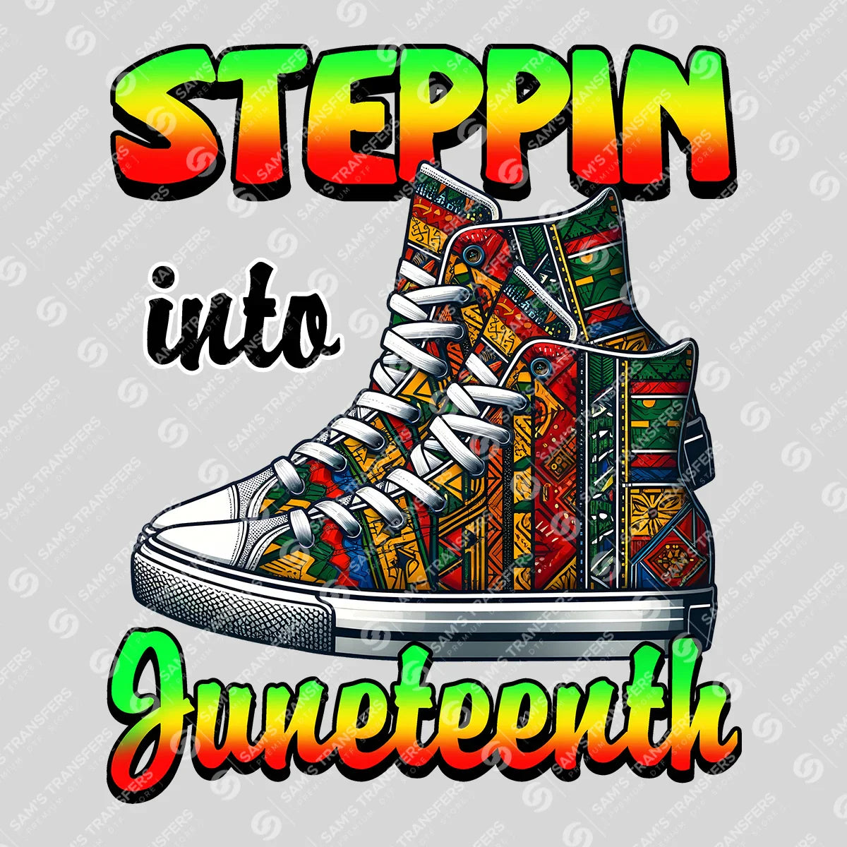Apparel featuring a Steppin Into Juneteenth-themed DTF transfer.