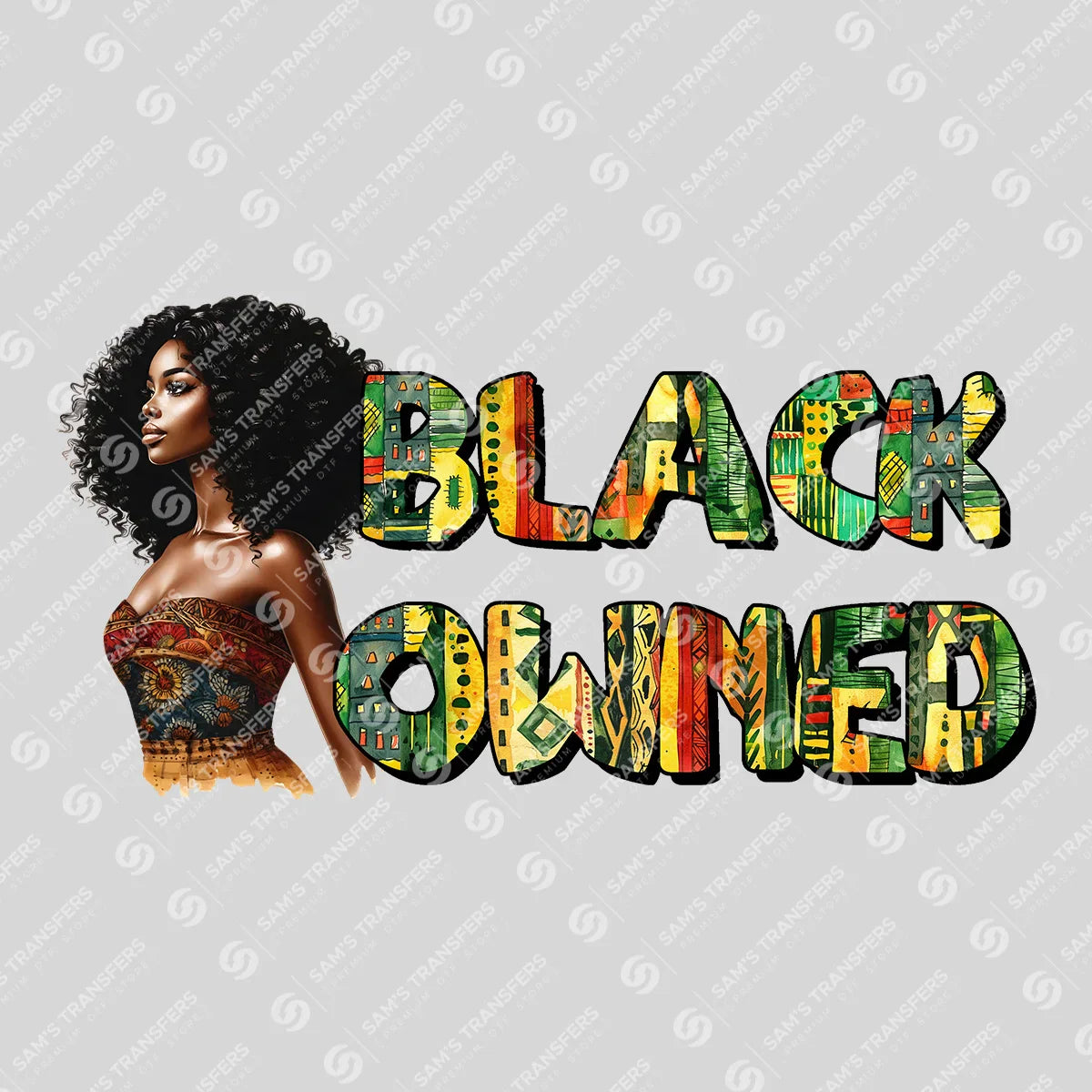 Apparel featuring a Black Owned-themed DTF transfer.