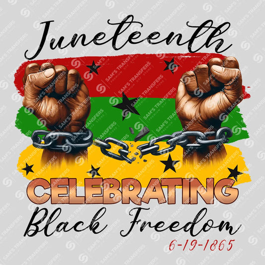 Apparel featuring a Juneteenth Celebrating Black Freedom-themed DTF transfer.