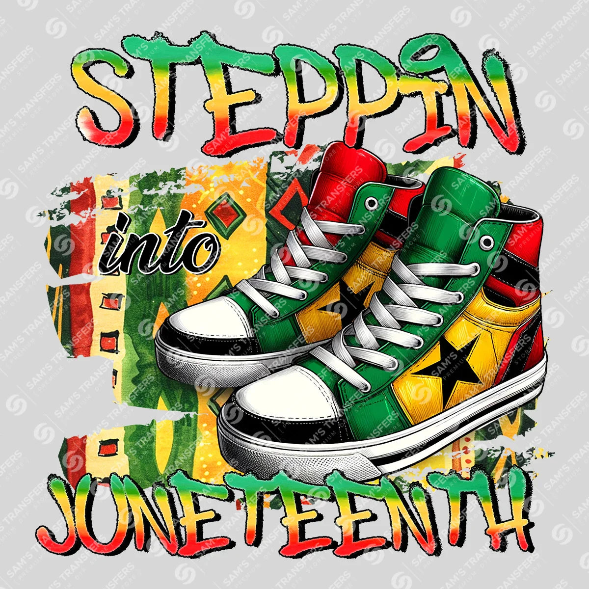 Apparel featuring a Steppin Into Juneteenth-themed DTF transfer.