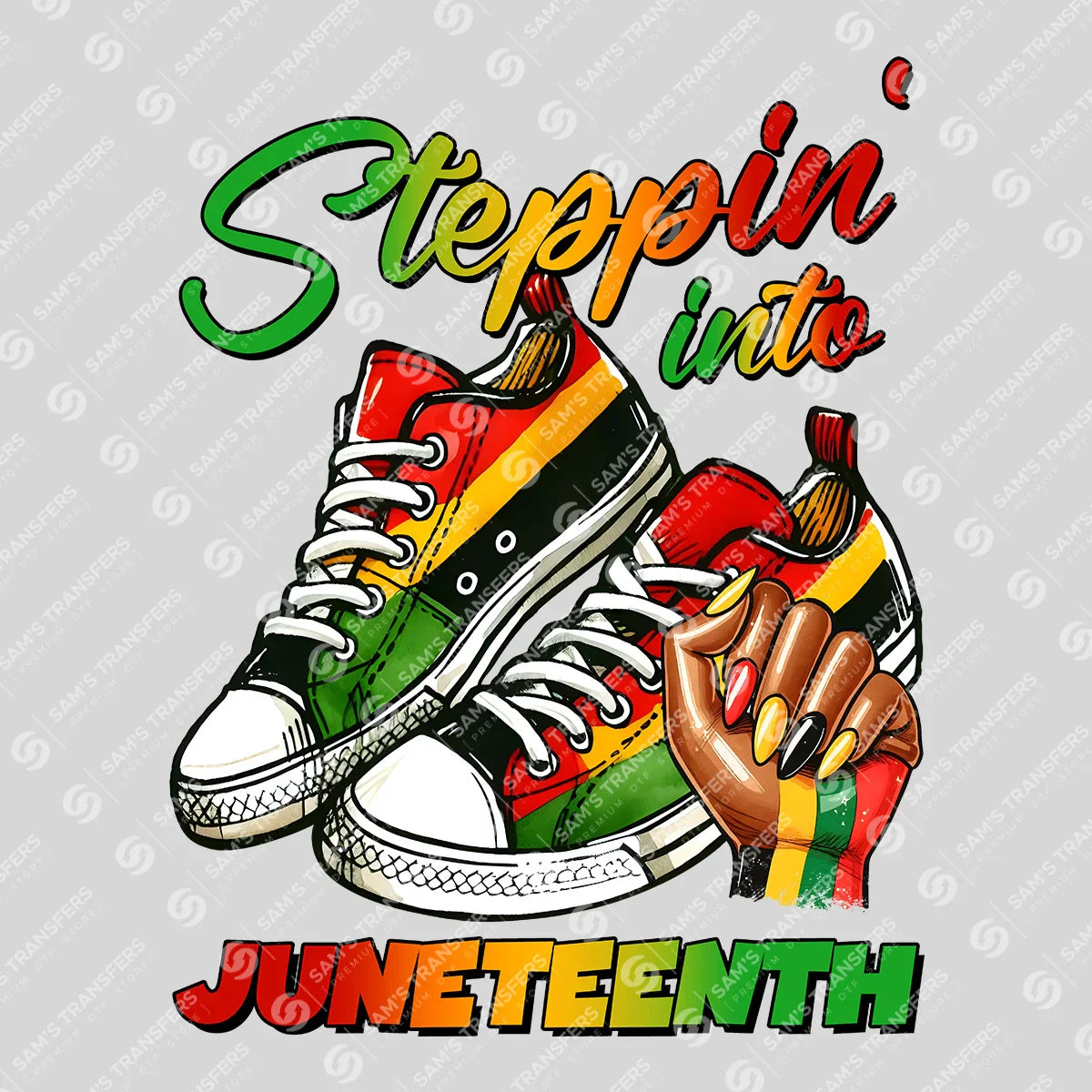 Apparel featuring a Steppin Into Juneteenth-themed DTF transfer.