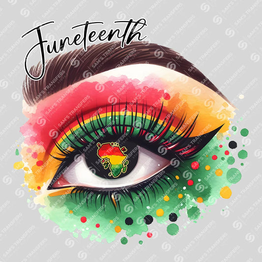 Apparel featuring a Juneteenth Eye-themed DTF transfer.