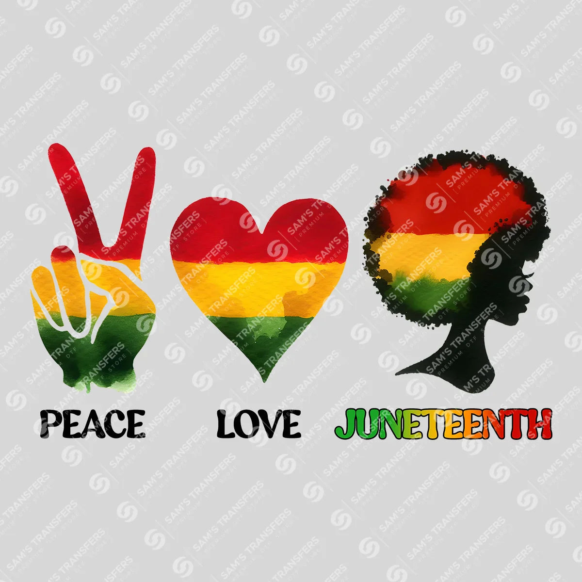 Apparel featuring a Peace Love Juneteenth-themed DTF transfer.