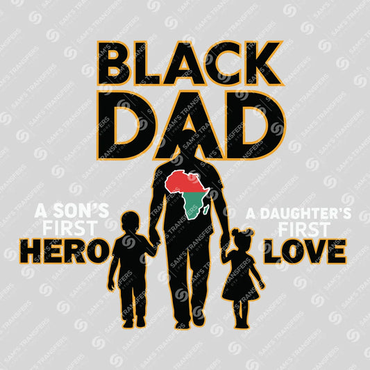 Apparel featuring a Black Dad First Hero-themed DTF transfer.