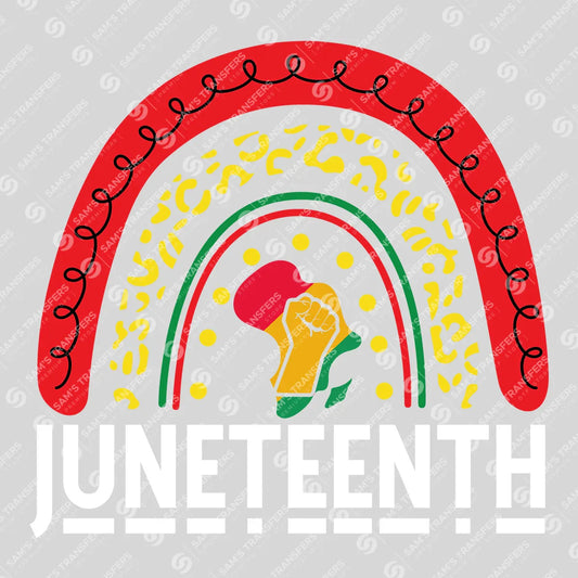 Apparel featuring a Juneteenth Rainbow-themed DTF transfer.