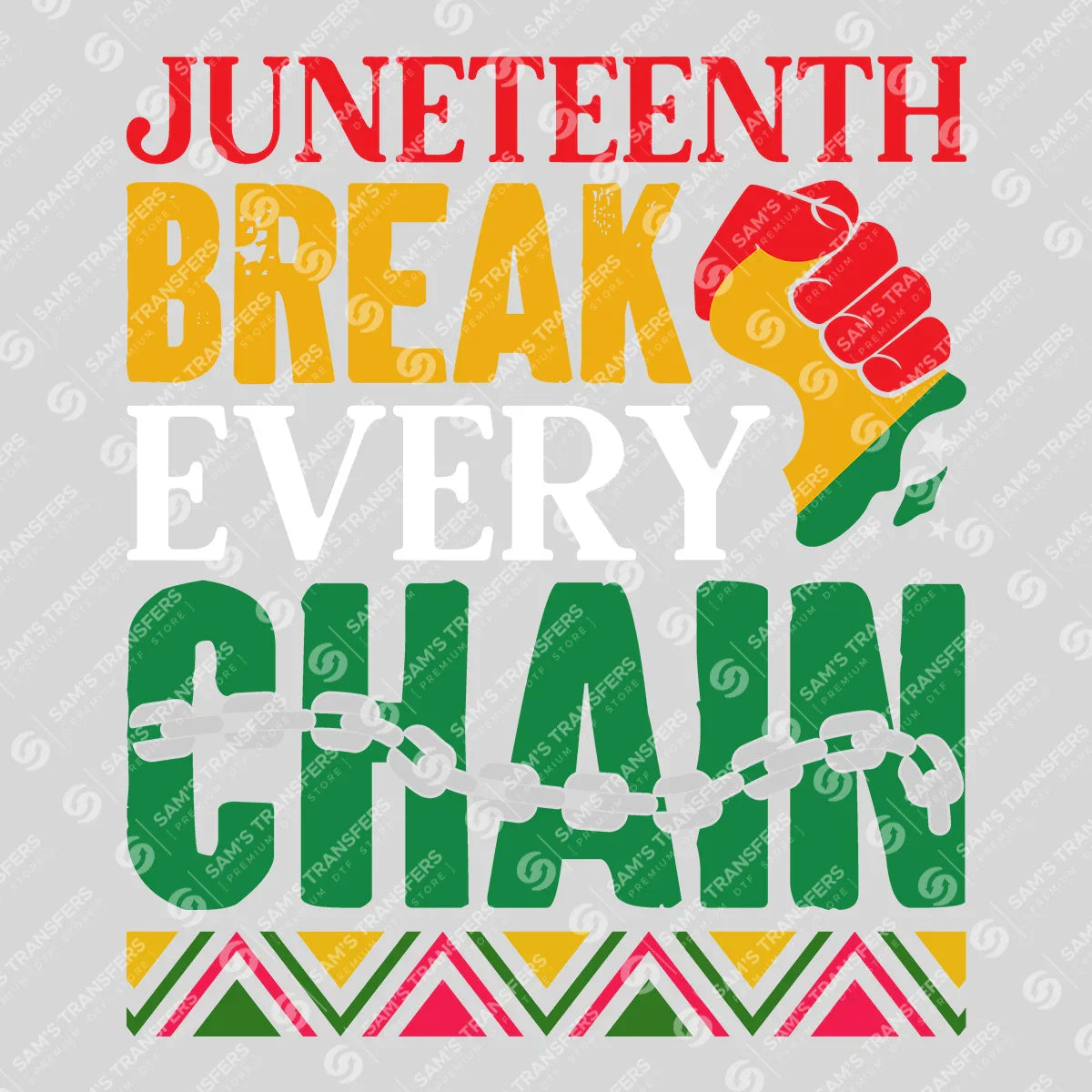 Apparel featuring a Juneteenth Break Every Chain-themed DTF transfer.