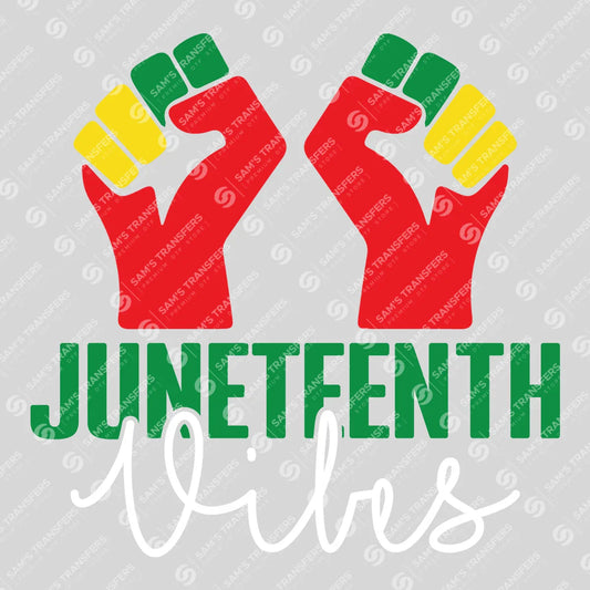 Apparel featuring a Juneteenth Vibes-themed DTF transfer.