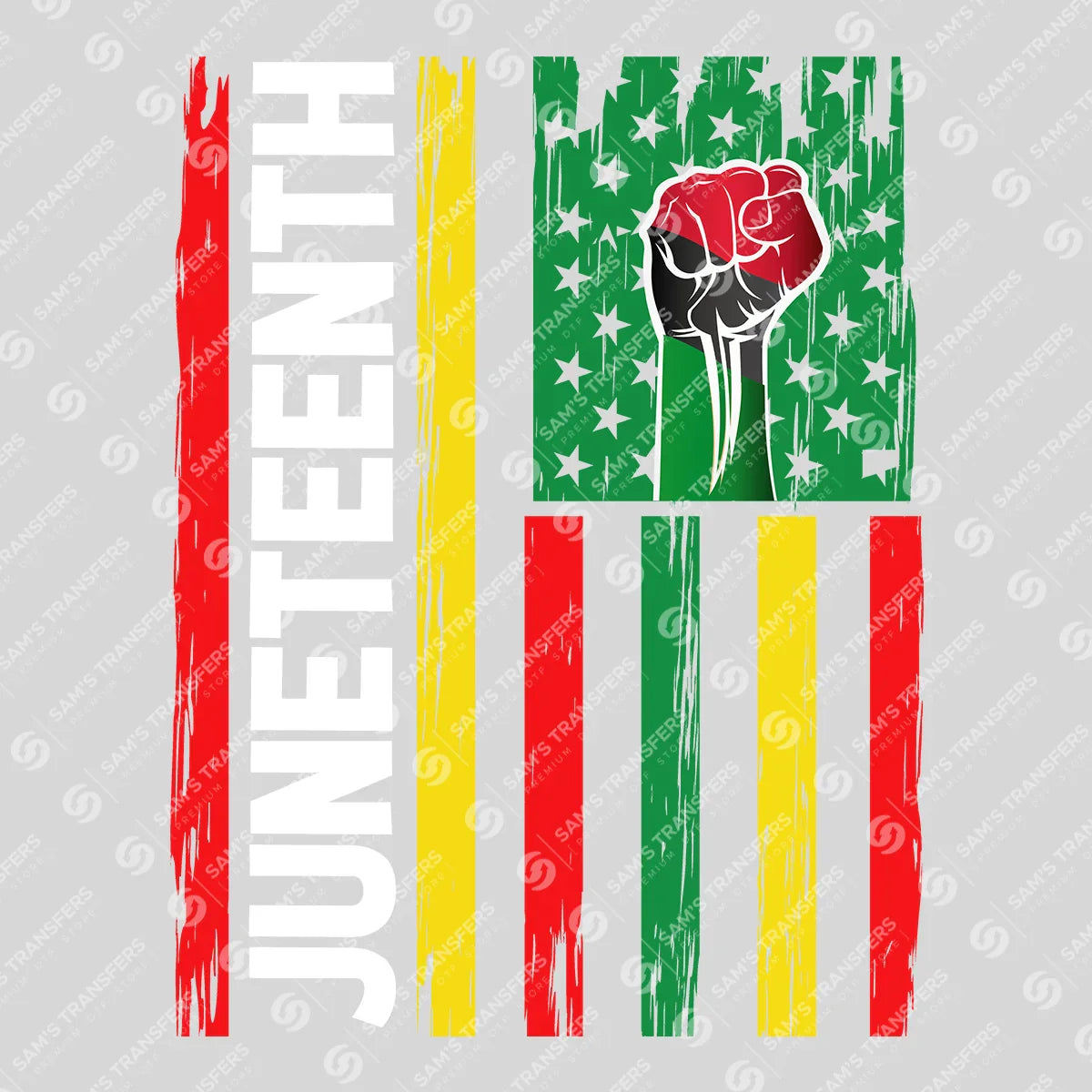 Apparel featuring a Juneteenth American Flag-themed DTF transfer.