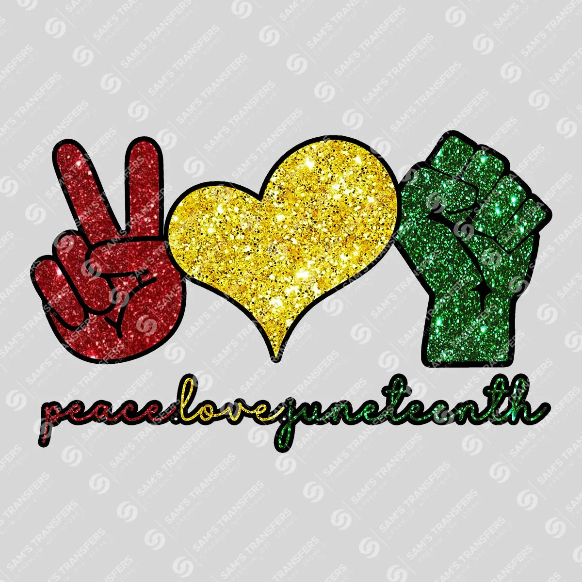 Apparel featuring a Peace Love Juneteenth-themed DTF transfer.