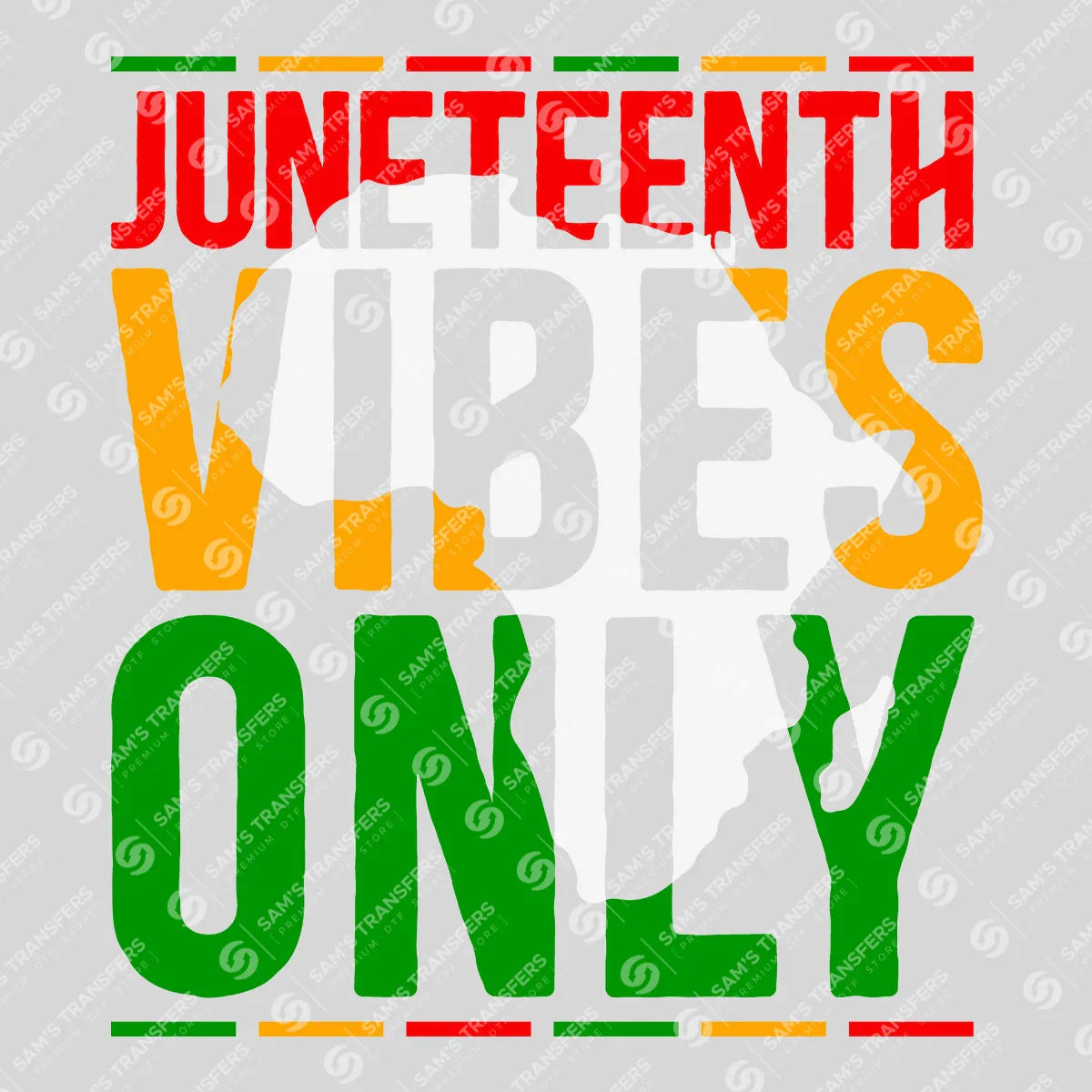 Apparel featuring a Juneteenth Vibes Only-themed DTF transfer.