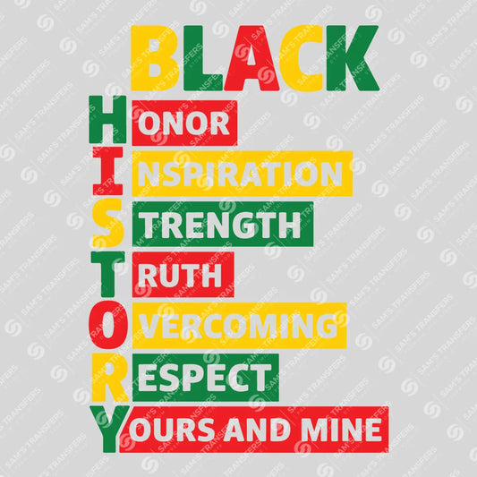 Apparel featuring a Black History Acronym-themed DTF transfer.