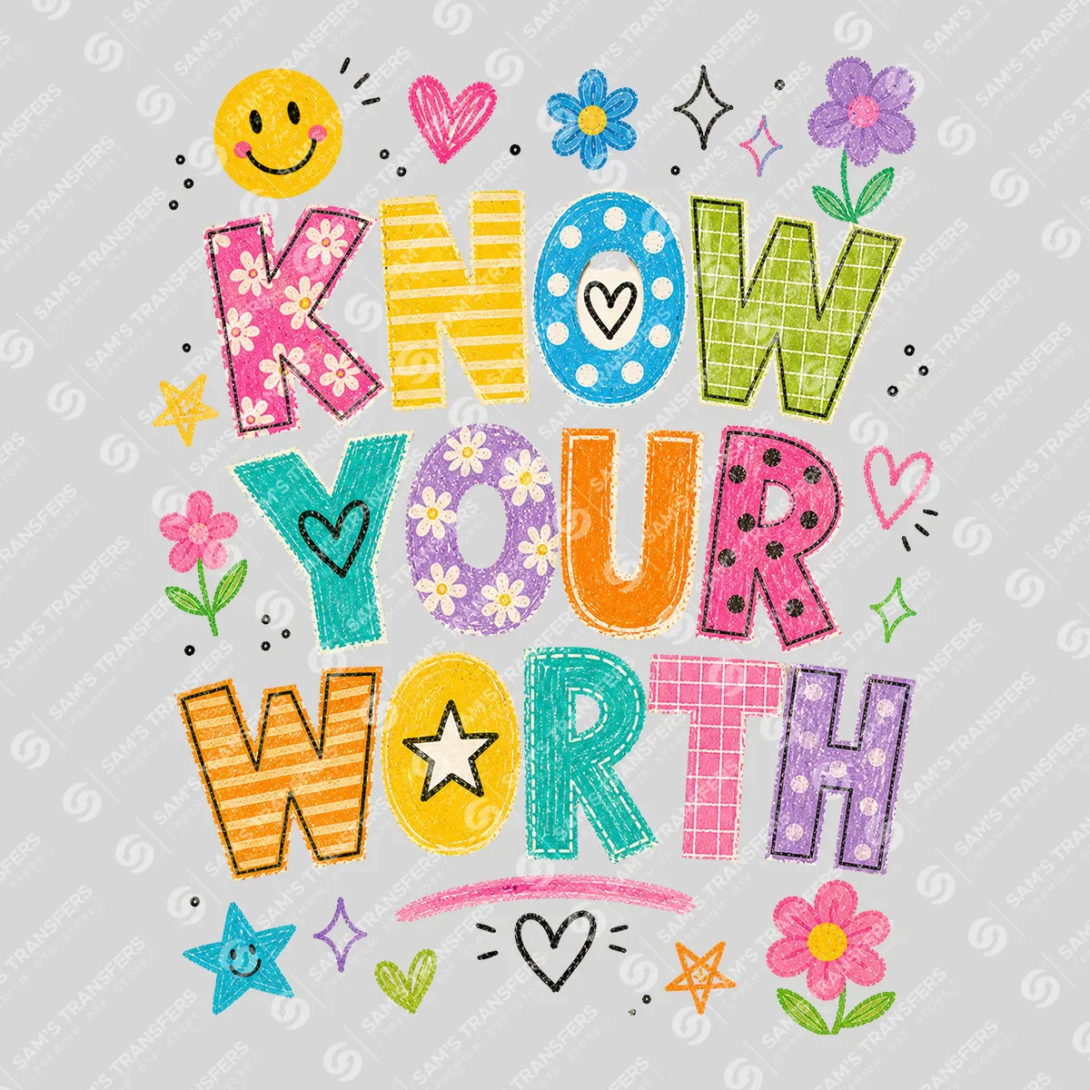 Apparel featuring a Know Your Worth-themed DTF transfer.