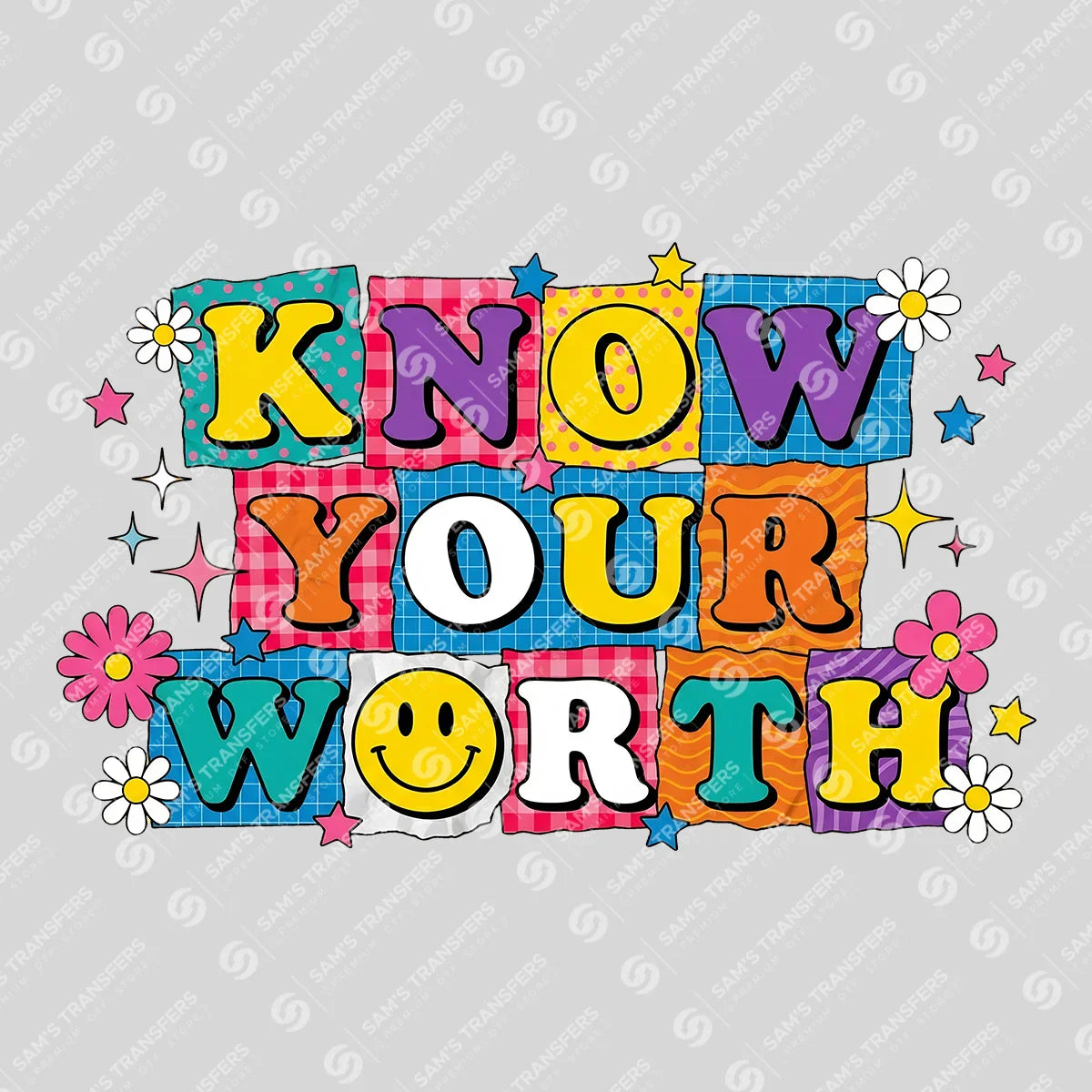 Apparel featuring a Know Your Worth-themed DTF transfer.