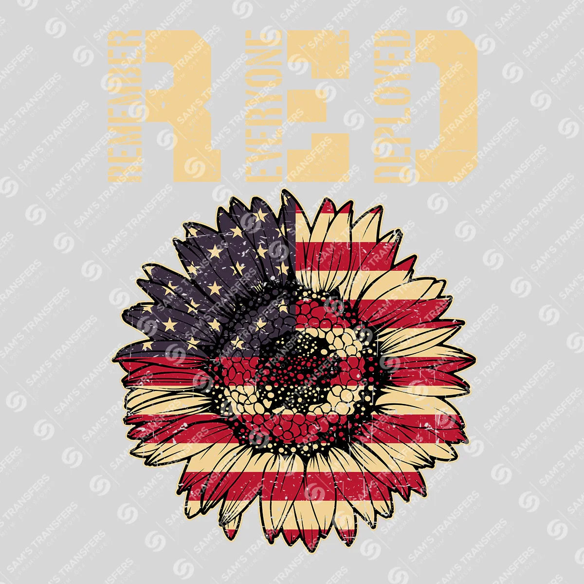 Apparel featuring a RED Remember Everyone Deployed-themed DTF transfer.