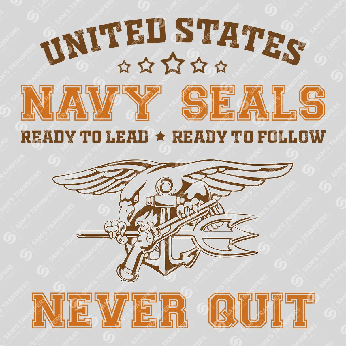Apparel featuring a Navy Seals Never Quit-themed DTF transfer.