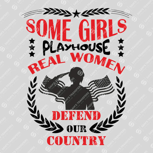 Apparel featuring a Real Women Defend Our Country-themed DTF transfer.