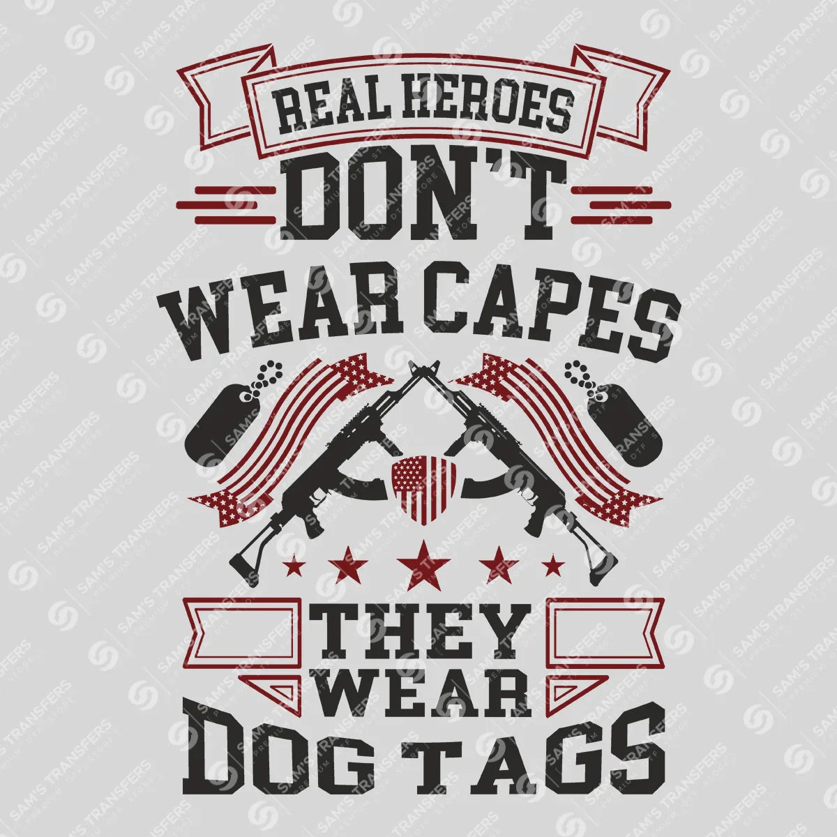 Apparel featuring a Real Heroes Wear Dog Tags-themed DTF transfer.