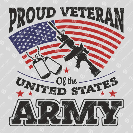 Apparel featuring a Proud Veteran United States Army-themed DTF transfer.