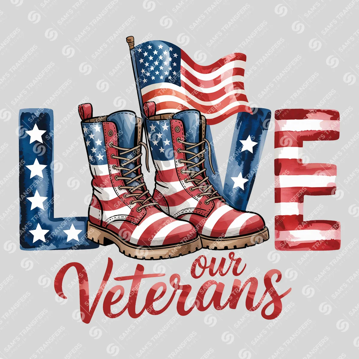 Apparel featuring a Love Our Veterans-themed DTF transfer.