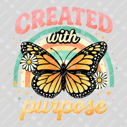 Apparel featuring a Created With Purpose-themed DTF transfer.