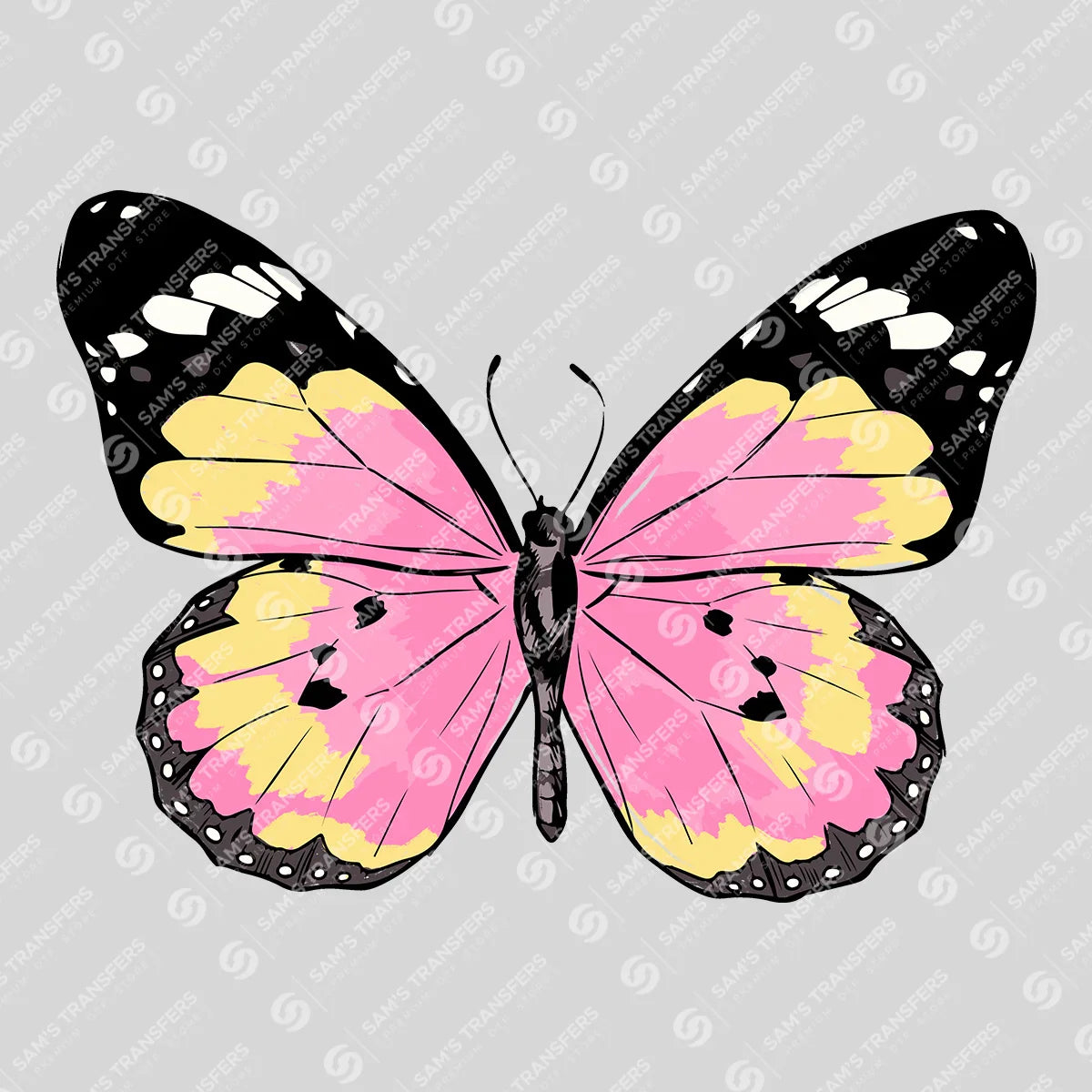 Apparel featuring a Pink And Yellow Butterfly-themed DTF transfer.