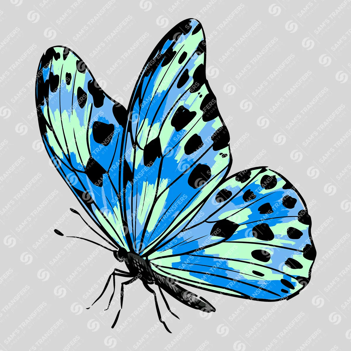 Apparel featuring a Blue Spotted Butterfly-themed DTF transfer.
