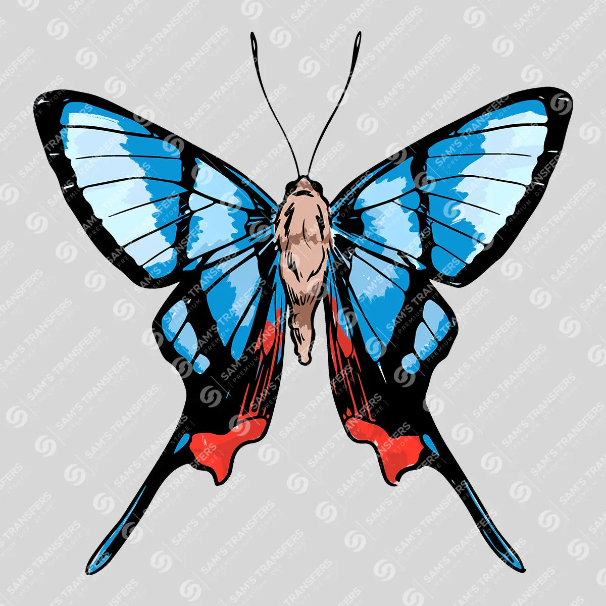 Apparel featuring a Blue Swallowtail Butterfly-themed DTF transfer.