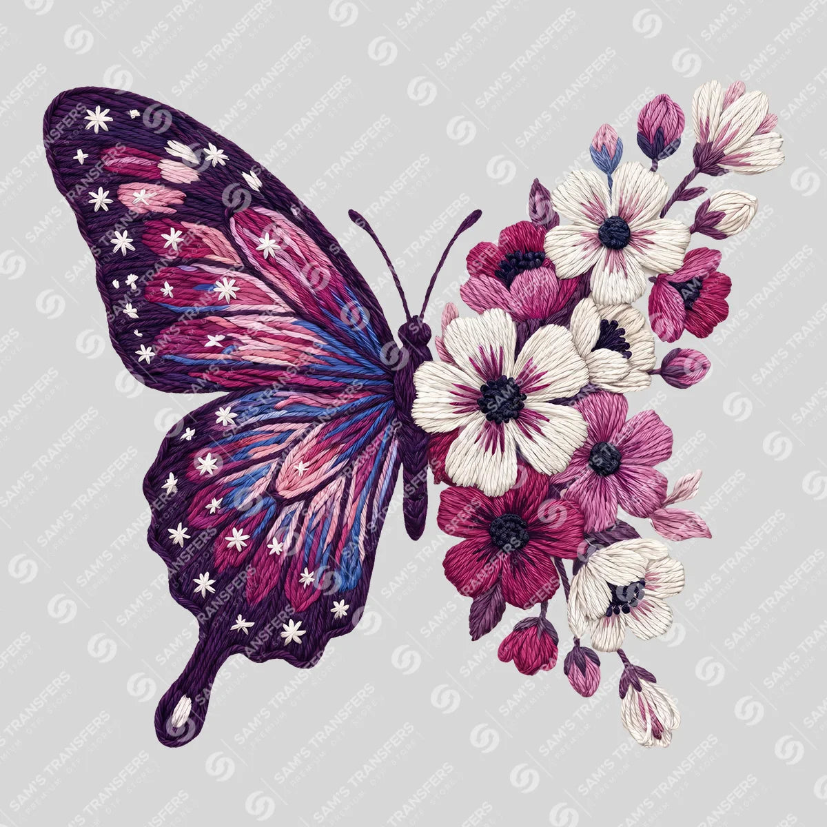 Apparel featuring a Floral Butterfly Embroidery-themed DTF transfer.