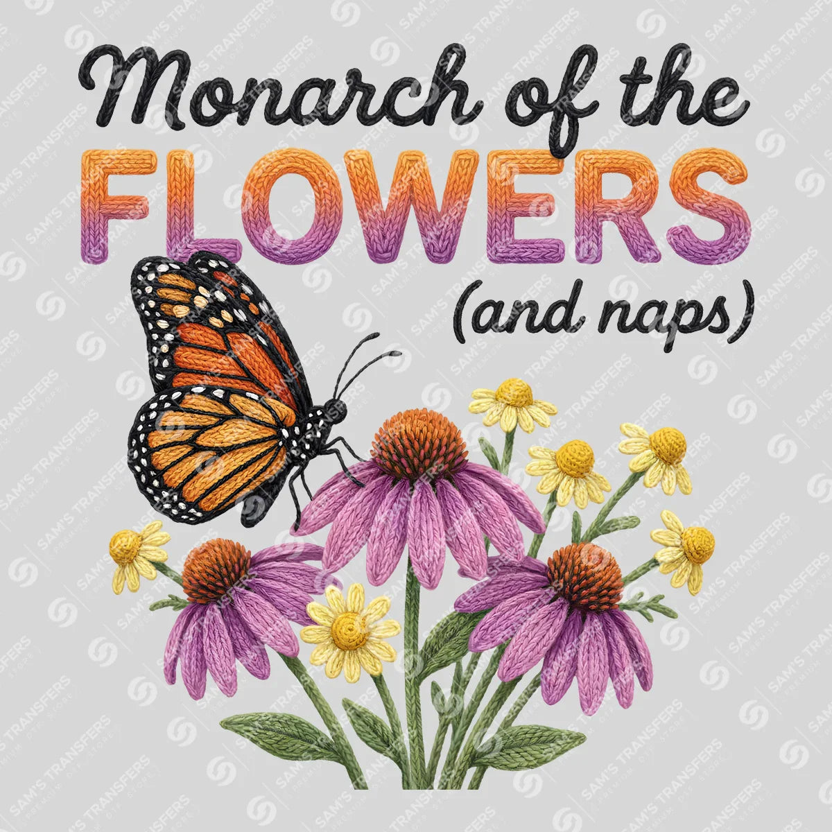 Apparel featuring a Monarch Of The Flowers-themed DTF transfer.