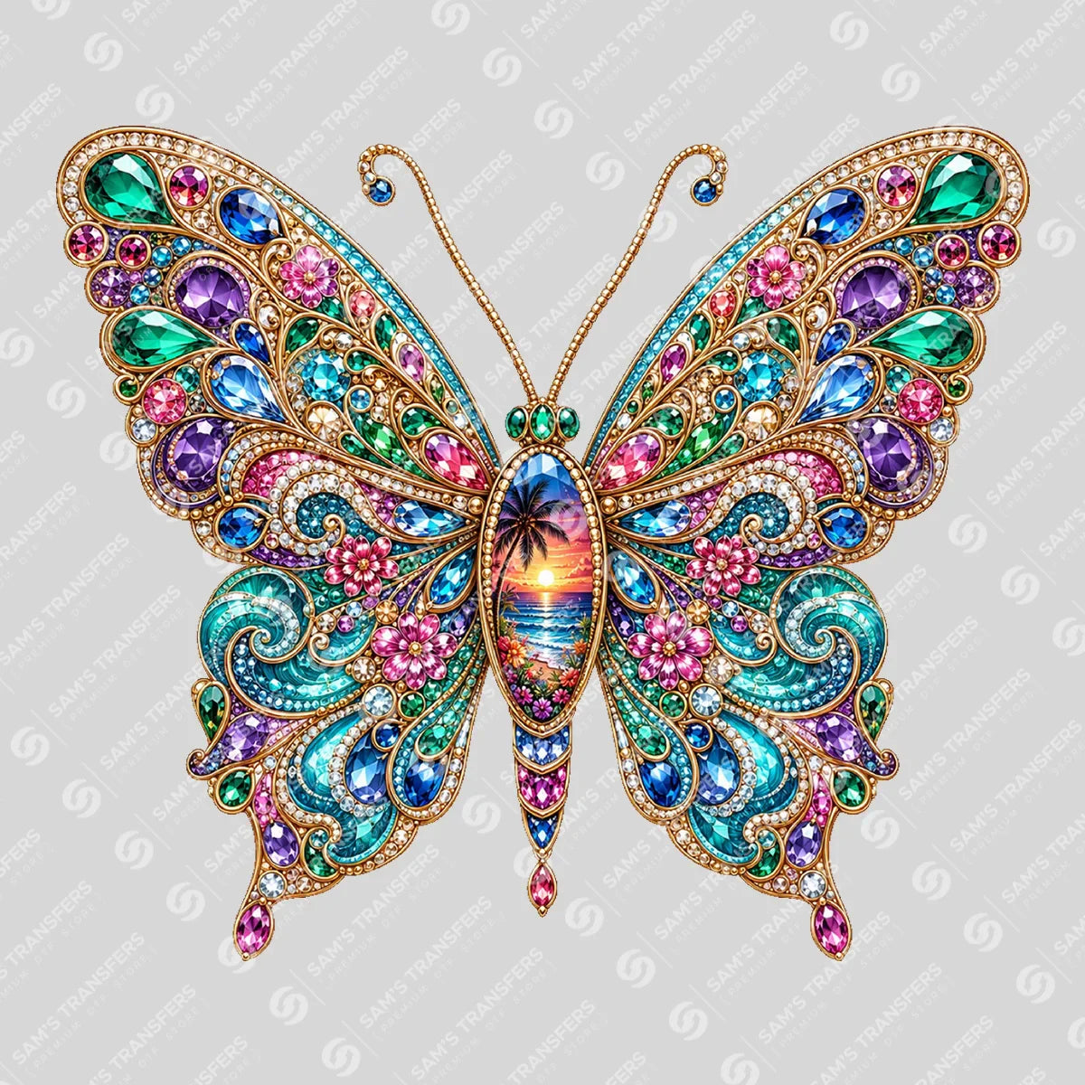 Apparel featuring a Jeweled Sunset Butterfly-themed DTF transfer.