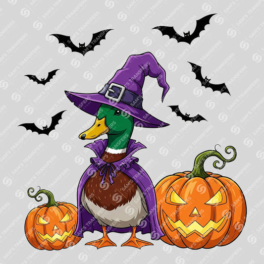 Apparel featuring a Halloween Witch Duck-themed DTF transfer.