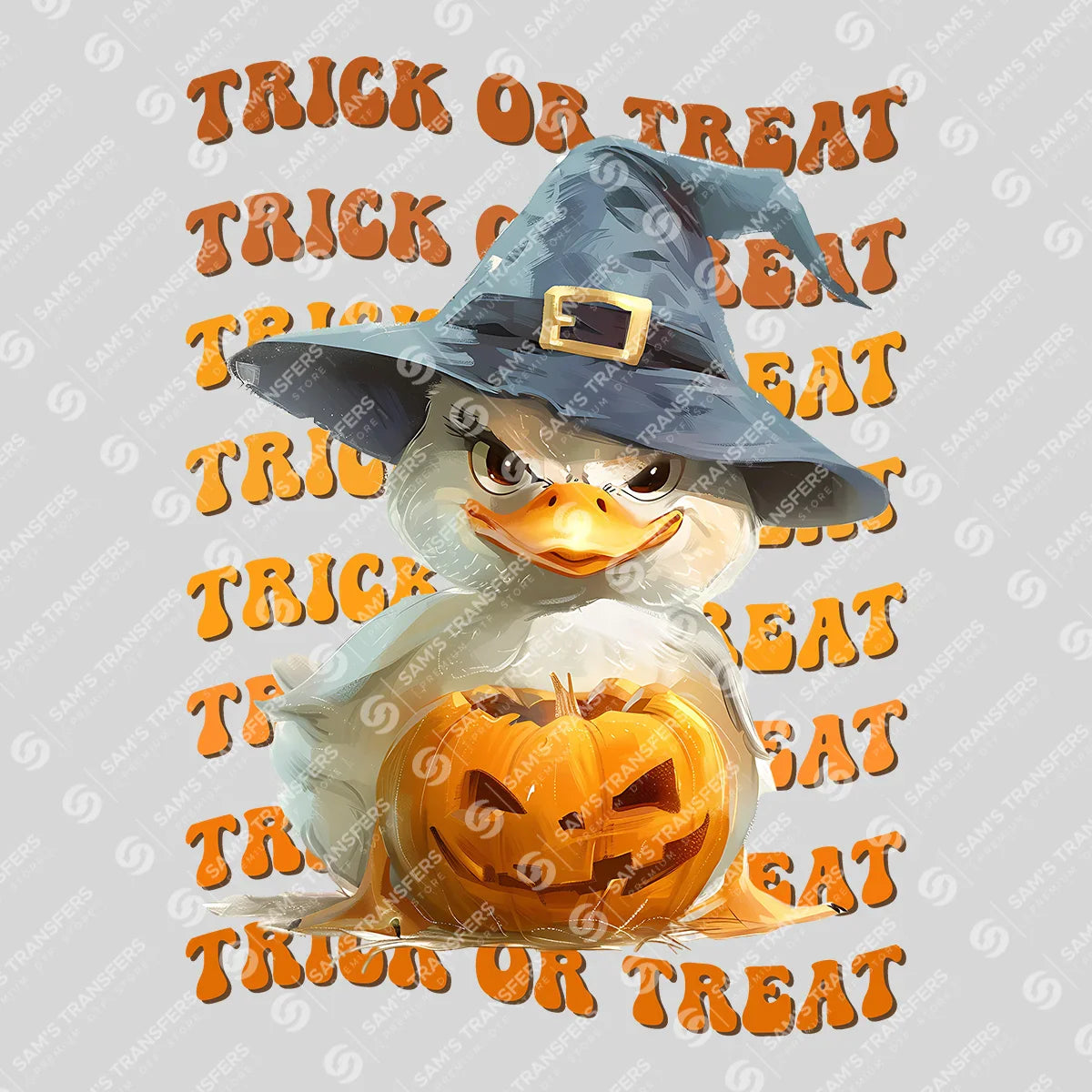 Apparel featuring a Trick Or Treat Duck-themed DTF transfer.