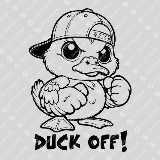 Apparel featuring a Duck Off-themed DTF transfer.