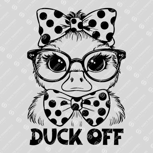 Apparel featuring a Duck Off-themed DTF transfer.