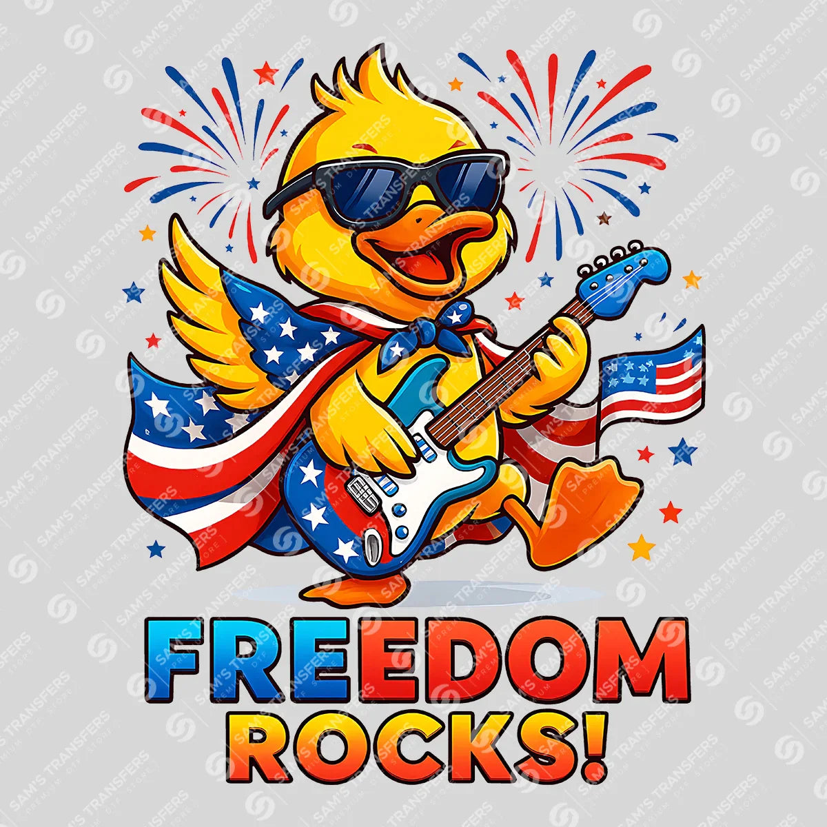 Apparel featuring a Freedom Rocks-themed DTF transfer.