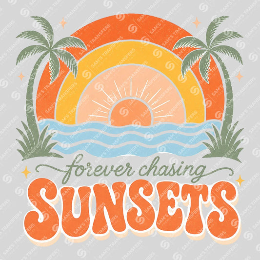 Apparel featuring a Forever Chasing Sunsets-themed DTF transfer.