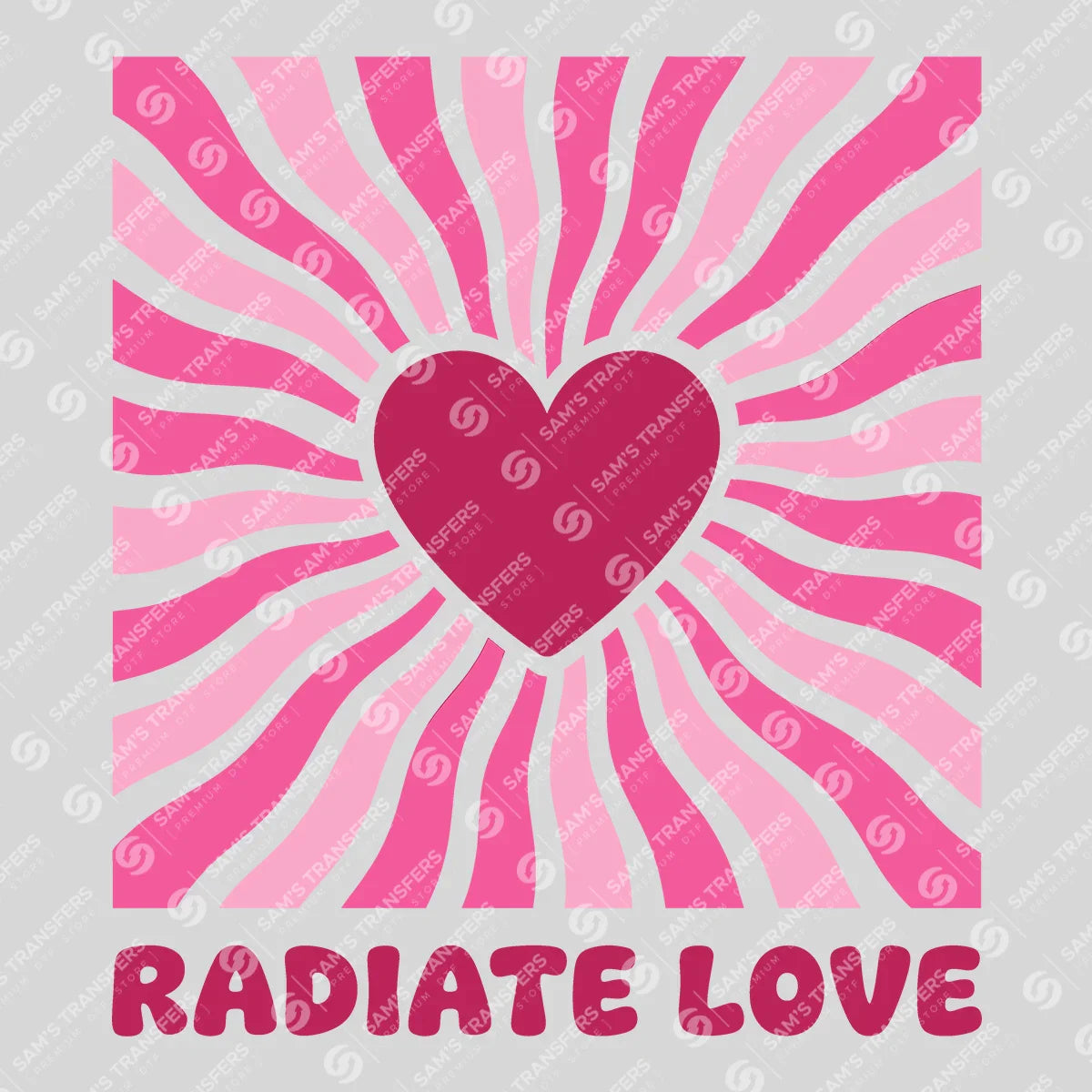Apparel featuring a Radiate Love-themed DTF transfer.