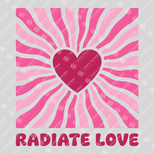 Apparel featuring a Radiate Love-themed DTF transfer.