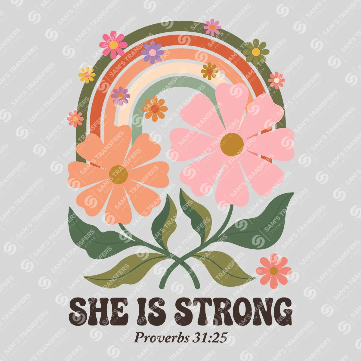 Apparel featuring a She Is Strong-themed DTF transfer.