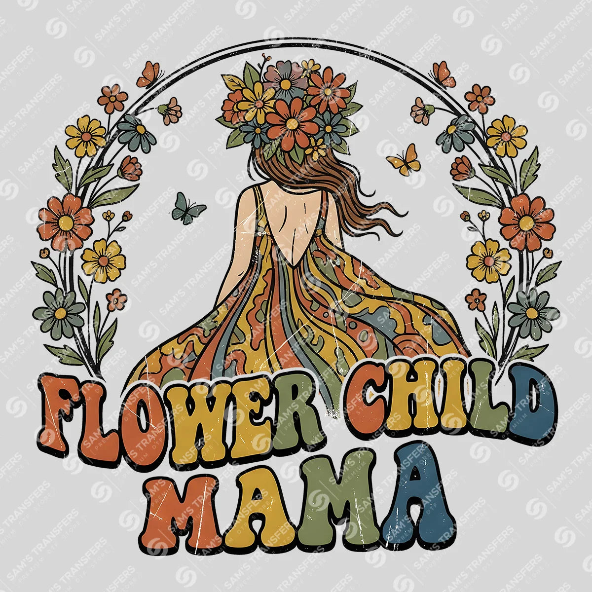 Apparel featuring a Flower Child Mama-themed DTF transfer.